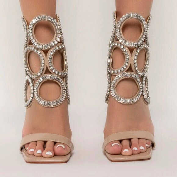 Azalia Wang Glam Nude Diamond Rhinestone Stiletto Bootie. Tan Embellished Heels - Picture 4 of 5